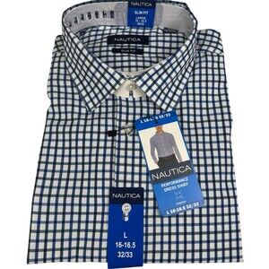 Nautica Mens Large 16-16.5 32/33 Blue Performance Slim Fit Dress Button Up Shirt